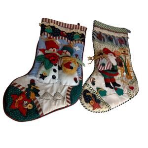 Vintage Birds of a Feather Christmas Stockings Santa Claus and Snowman Set of 2